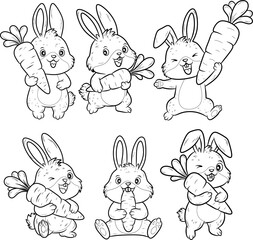 Set of six black and white line art cartoon rabbits in various poses with carrots. Perfect for coloring books, kids' activities, or simple illustrations
