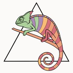 Colorful chameleon on branch within triangle