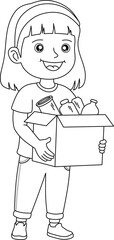 Black and white line art of a happy cartoon girl holding a box of recyclables. Ideal for coloring books or environmental education