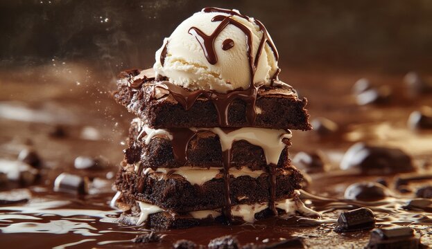 Stacked brownies with ice cream, drizzled chocolate