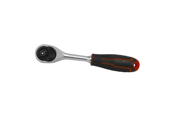Ratchet Tool or Socket Wrench, A closeup of a silver ratchet with a black and red handle