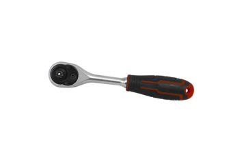 Ratchet Tool or Socket Wrench, A closeup of a silver ratchet with a black and red handle