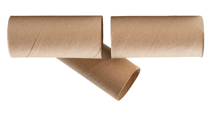 Side view of tissue paper cores or toilet paper tubes in stack after used out in toilet or restroom isolated with clipping path in png file format