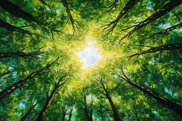 View looking up through tall green leafy trees forming a circular canopy with sunlight filtering through bright green leaves and blue sky
