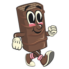 chocolate wafer cartoon mascot walking, high-resolution isolated vector snack character illustration, perfect for dessert branding, or educational materials, work of hand drawn
