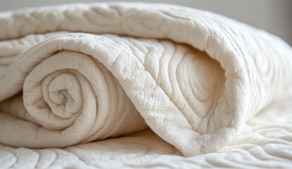 Rolled cream-colored quilted blanket, close-up focus on texture and pattern