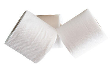 Three rolls of white tissue paper or toilet paper in stack isolated with clipping path in png file...