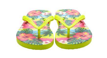 Vibrant tropical flip-flops showcase a cheerful summer design, perfect for relaxed vacation style.