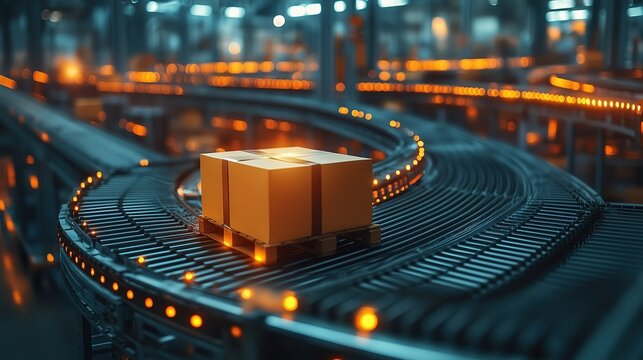 Modern warehouse logistics with automated conveyor system transporting a package. Efficient supply chain management in a high-tech distribution center