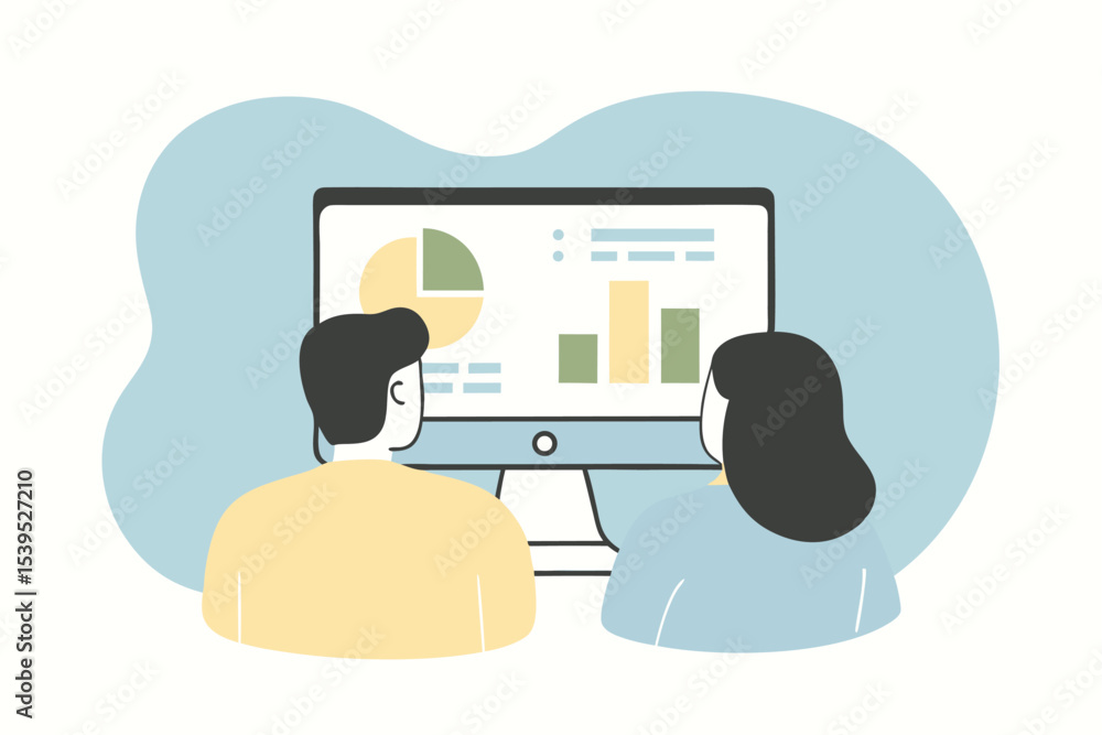 Poster analyzing data on computer screen depicting business strategy and digital marketing