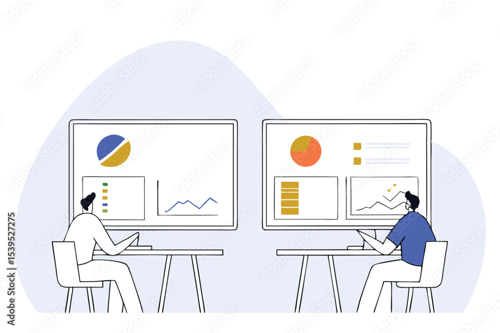 Poster business professionals analyzing data visualizations on computer screens for strategy