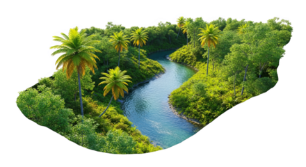 Lush tropical foliage and palm trees line a serene river flowing through a vibrant green landscape.