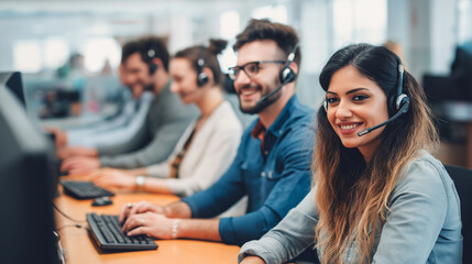 A group of diverse call center operators in white shirts and headsets are diligently working at their desks, providing customer support in a modern office environment.