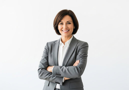 Confident Businesswoman Smiling with Arms Crossed on White Background &ndash; Professional Portrait for Corporate Branding, Coaching Services, HR Marketing, and Empowerment Campaigns