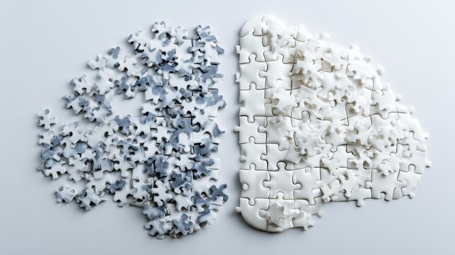 Brain Puzzle Missing Pieces With Empty Space on the Right Side and Scattered Pieces on the Left Side