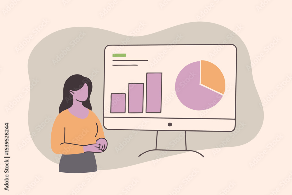 Aufkleber digital marketing presentation of financial data on a computer screen with female character