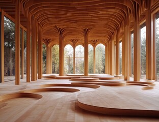 Wooden interior with vaulted ceiling, arched columns, and curved seating