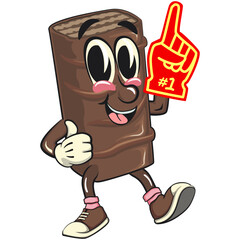 chocolate wafer cartoon mascot raise foam finger, high-resolution isolated vector snack character illustration, perfect for dessert branding, or educational materials, work of hand drawn
