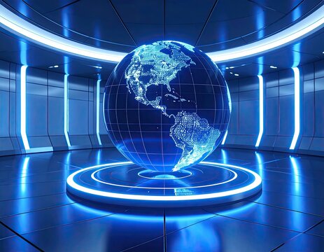 Futuristic Digital Globe with Glowing Blue Earth and Network Connections