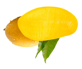 Single ripe yellow mango fruit and half with green leaves and water droplets in stack isolated with clipping path in png file format