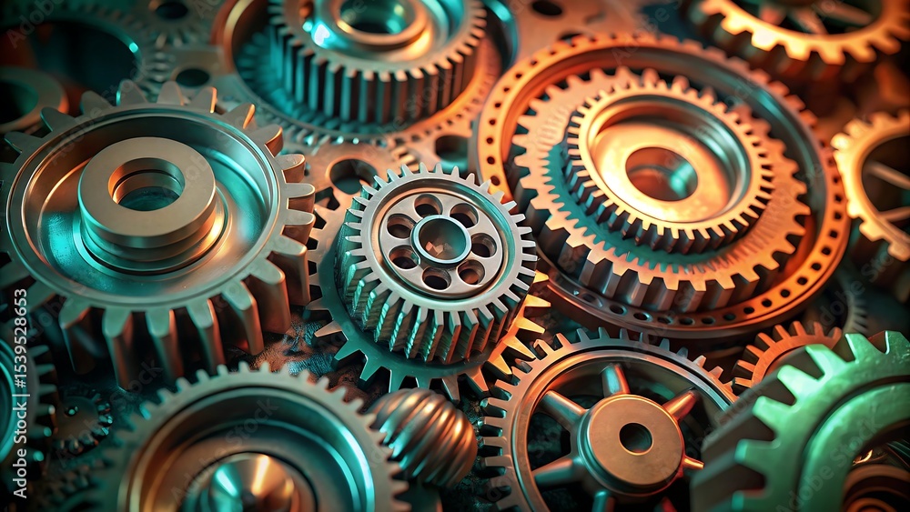 Poster interconnected mechanical gears in various sizes showing engineering concept, machine parts collabor