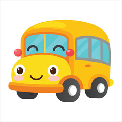 Cute Yellow School Bus Cartoon with Happy Face and Big Eyes Illustration