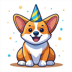 Cute Corgi Cartoon with Birthday Party Hat and Confetti Clipart