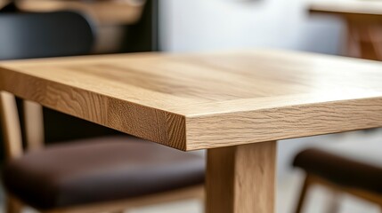 Close-up of a light oak wood table in a cafe setting.
