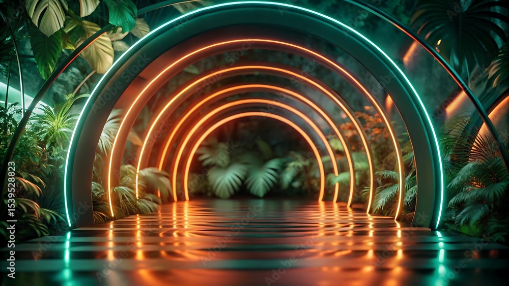 Poster futuristic glowing circular tunnel in a lush green setting combining nature with modern technology a