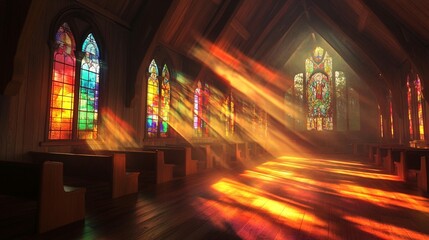 Fototapeta premium Sunlit Sanctuary: Stained Glass & Wooden Pews