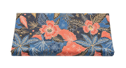 Detailed floral pattern in blue, peach, and brown hues covering a rectangular shaped surface area.