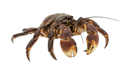 A large coconut crab displays its powerful claws and speckled exoskeleton in a detailed studio shot.