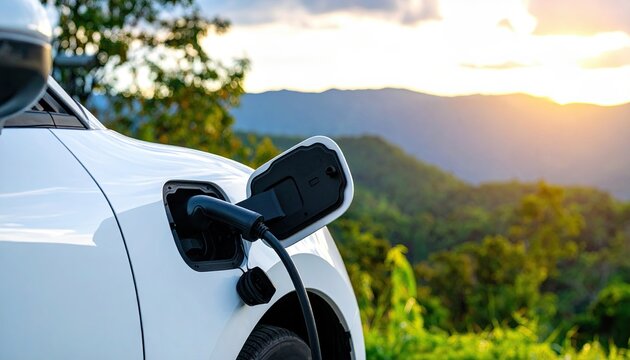 Electric Vehicle Charging in Nature with EV Plug Connected to White Car at Forest Road - Powered by Adobe