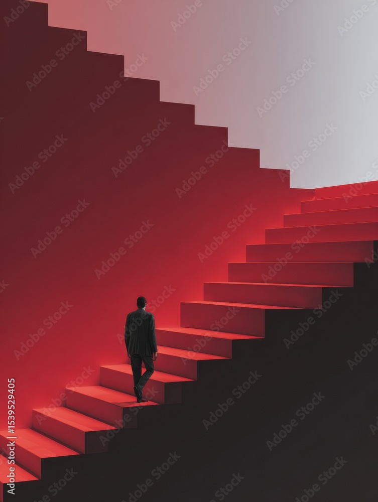 Poster visual representation of a staircase leading to business success with a person ascending in a modern