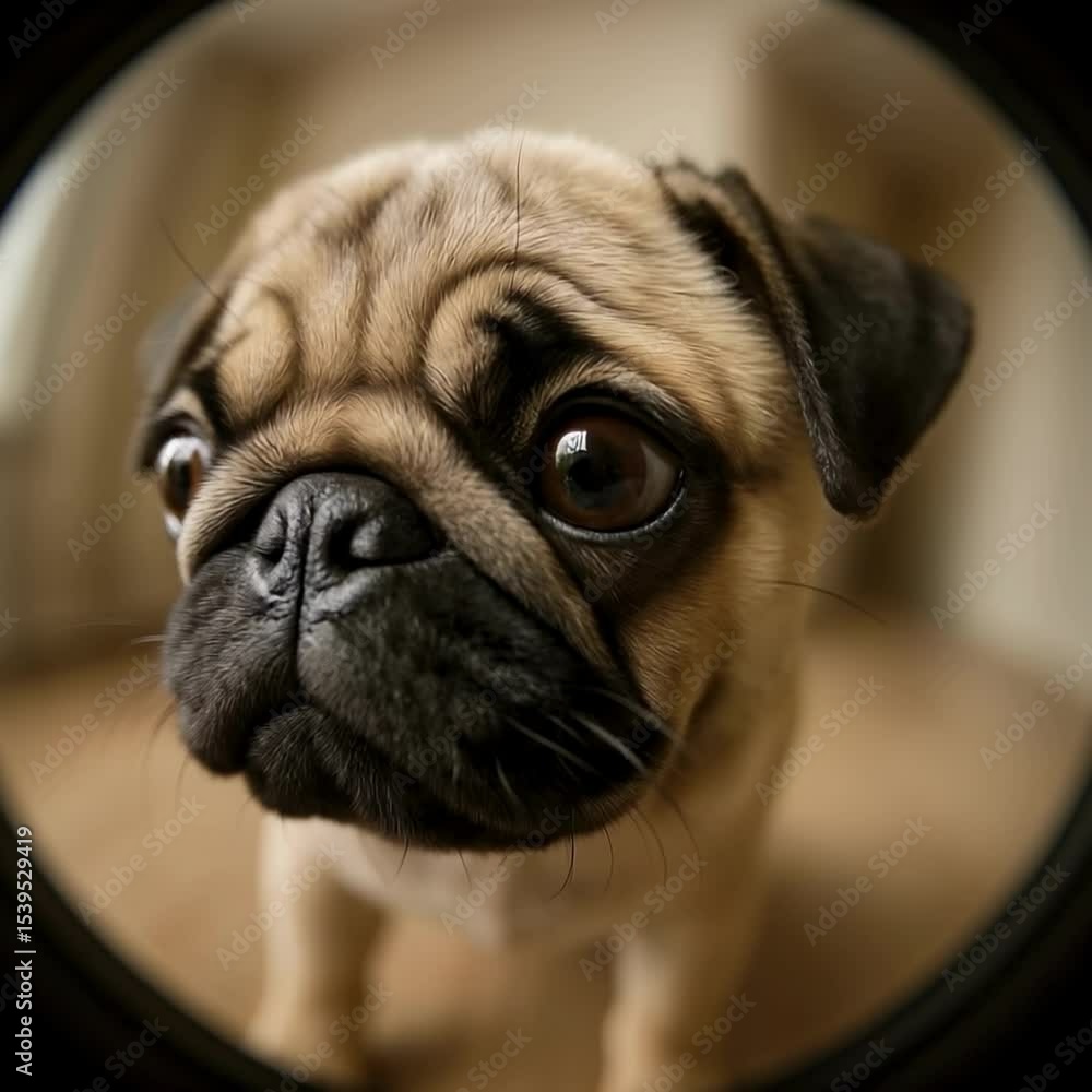Poster a playful pug captured with a fisheye lens, creating a humorous, distorted effect. ideal for a light