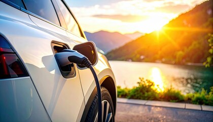 Electric Vehicle Charging in Nature with EV Plug Connected to White Car at Forest Road