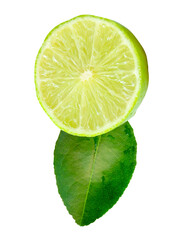 Front view of fresh green lemon half in circle shape with green leaf isolated on white background...
