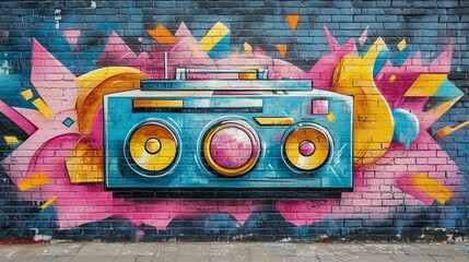 Naklejka premium Boombox Graffiti Brick Wall Art