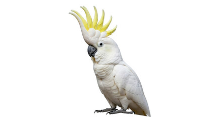 A striking Sulphur-crested cockatoo presents its beautiful white plumage and yellow crest feathers.