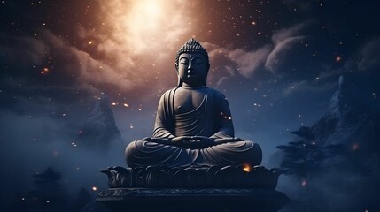 Buddha Statue Night Sky Mountains Meditation Spiritual
