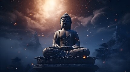 Serene Buddha Statue in Night Sky with Mountains and Glowing Lights