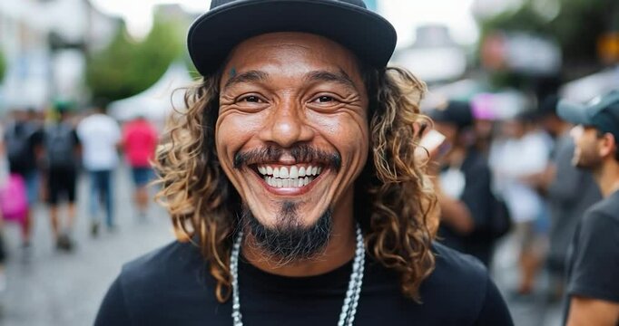 Close-up portrait of a smiling man with long curly brown hair, goatee, and baseball cap, standing outdoors in a blurred city background