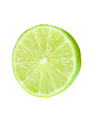 Front view of fresh green lemon fruit in half in circle shape without green leaf isolated on white...