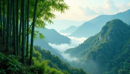 Serene bamboo forest, mist-shrouded mountains , peaceful landscape, river, fog