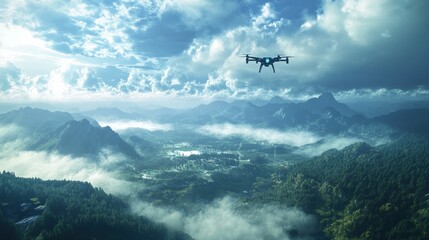 Naklejka premium Drone Soaring Over Misty Mountain Valley