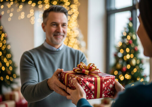 Person Handing Over Wrapped Christmast Gift with Blurred Festive Background &ndash; Warm Holiday Image for Christmas Promotions, Gift Guides and Seasonal E-Commerce Ads