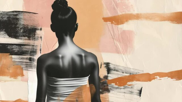 Artistic side profile of a woman in a strapless dress, set against a textured abstract background. Shot from a side angle, resembling a video still. Live desktop wallpaper.