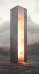 Massive, light-filled concrete obelisk in a desert landscape