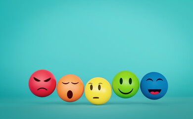 Color level ball with face icon. concept of evaluation, feedback, customer satisfaction rating and service. Represents emotion of face on green background, review opinions recommendation. 3D rendering