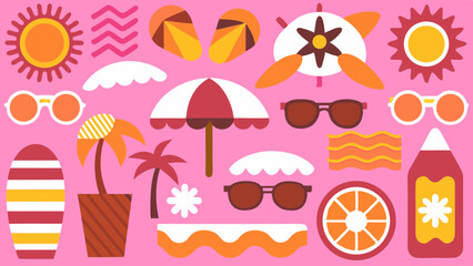 Naklejka premium A whimsical and relaxed beach scene, featuring a variety of summer elements like a surfboard, palm tree, beach ball, sunglasses, and umbrella Summer Icons and Summer Accessories